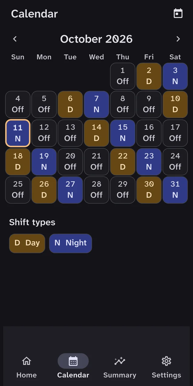 The Solnox calendar for October 2026 on a phone: day and night shifts and days off in colour, with today highlighted.